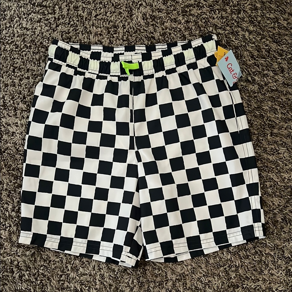 NWT Cat & Jack Checkered Black/ White Boys Swim Shorts sz 10/12